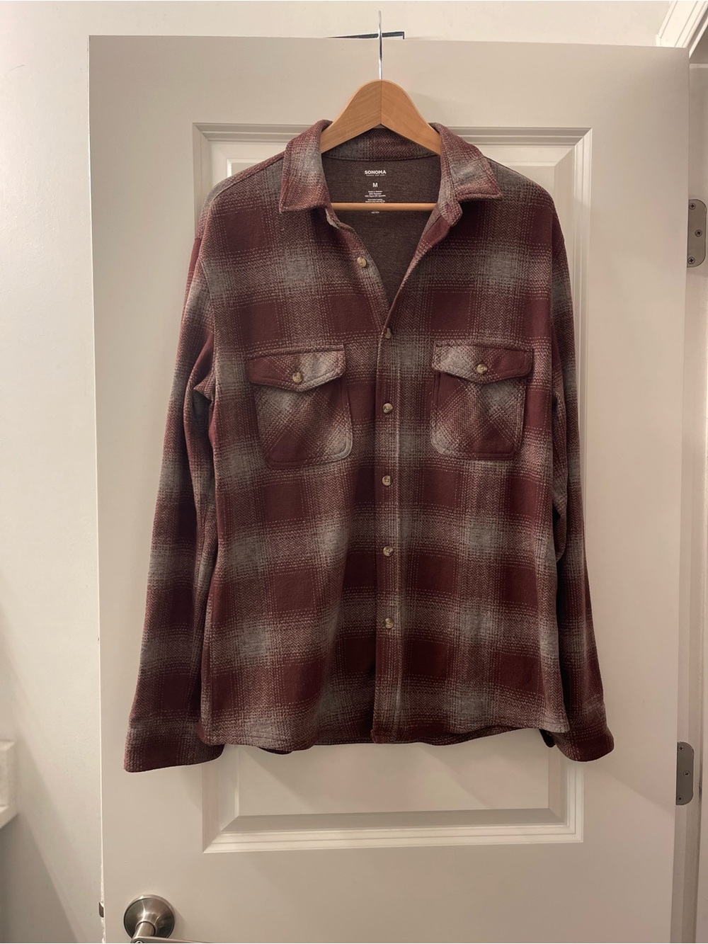 Sonoma Men's Casual Button-Down Flannel in Burgundy and Gray Plaid
